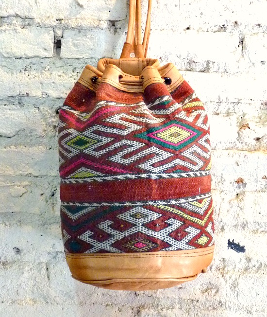 Boho leather and tribal carpet bucket rucksack
