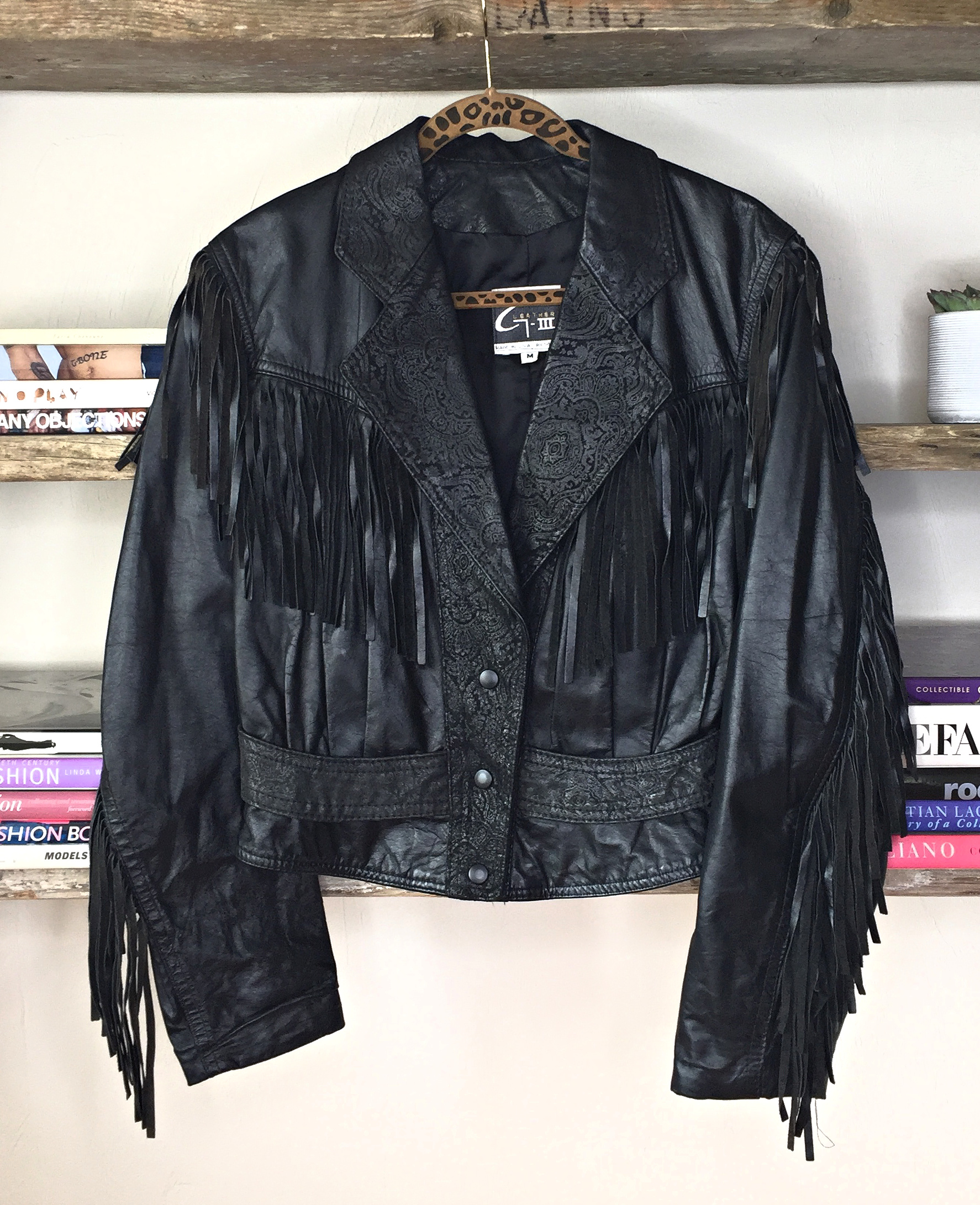 80s vintage black leather tassel jacket, paisley design - The Stellar ...